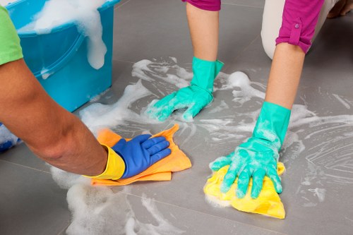 Floor safety measures in place during a professional carpet cleaning job